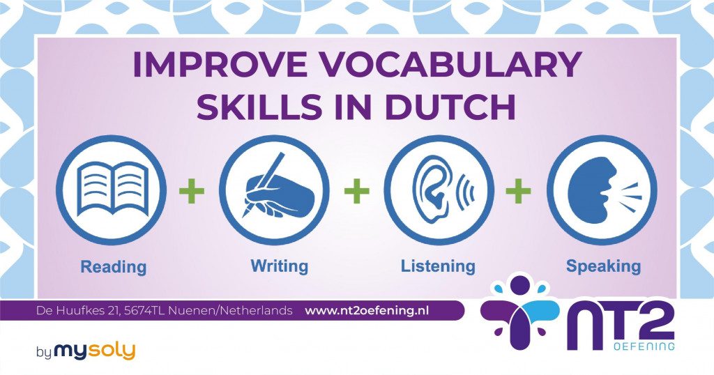 An illustration with a book that says Improve your Dutch vocabulary, a hand holding a pen, an ear and a talking mouth.
