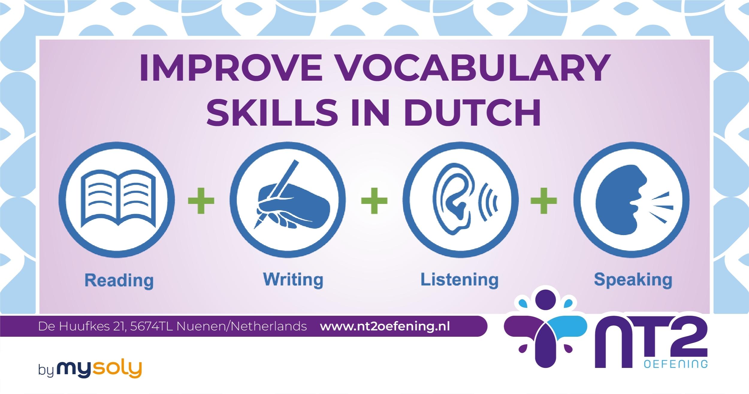 An illustration with a book that says Improve your Dutch vocabulary, a hand holding a pen, an ear and a talking mouth.