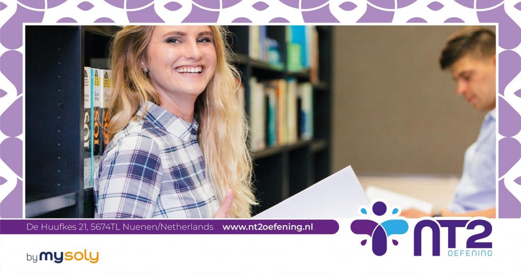 A smiling woman try to learn Dutch language in the library