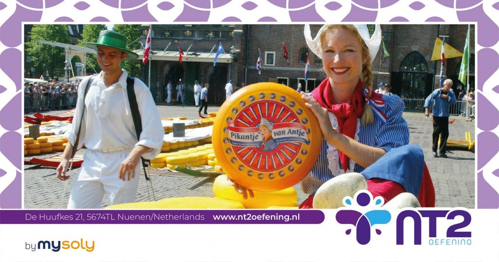 A woman promoting wheel cheese, part of Dutch culture