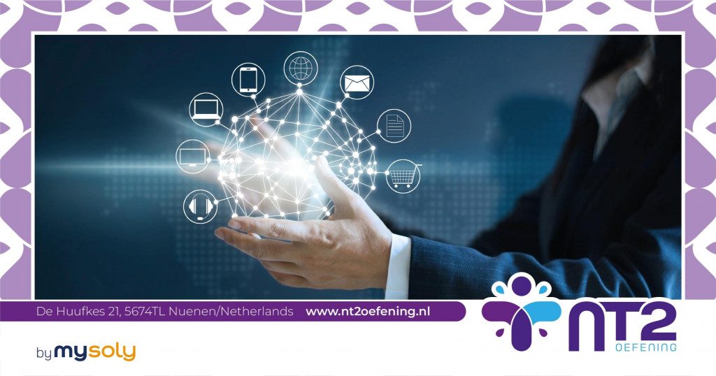 a man holds in his hands digital icons representing e-learning and development