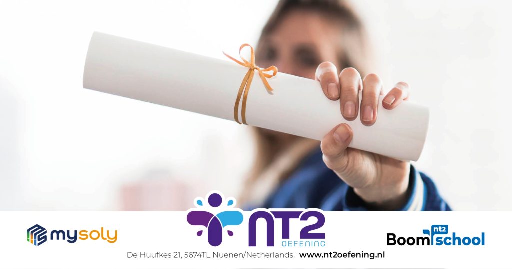 A woman hold in her hand an Nt2 diploma