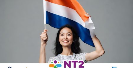 A woman holding a Dutch flag