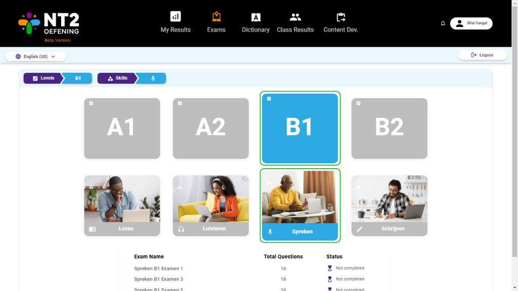 NT2 Oefening's dashboard Examens sectie